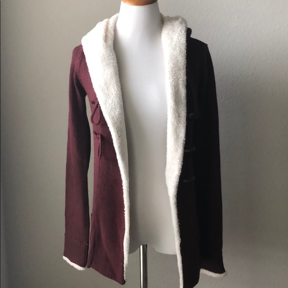 Maroon hooded fur jacket